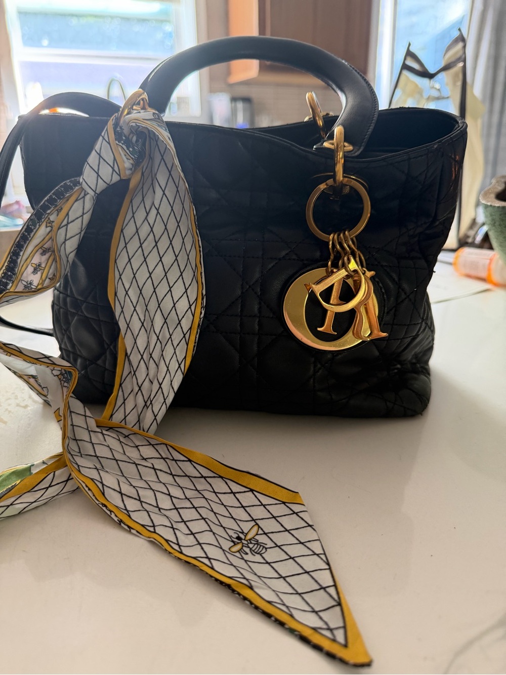 Black Quilted Leather Tote Handbag with Gold Accents